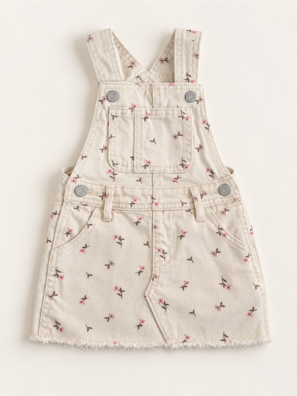 Old Navy Cream Overall Dress with Pink Floral Print